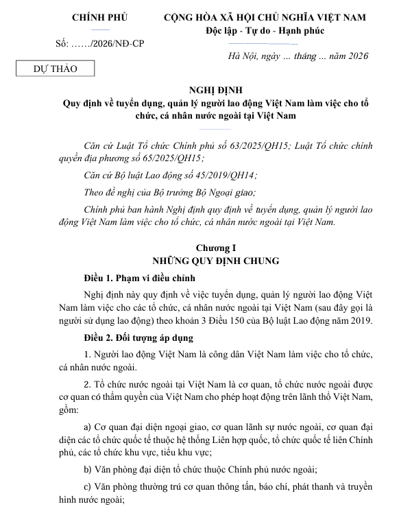 Draft Decree on recruitment and management of Vietnamese workers employed by foreign organizations and individuals in Vietnam Draft Decree on recruitment and management of Vietnamese workers employed by foreign organizations and individuals in Vietnam