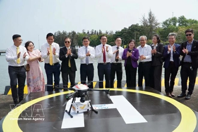 Ho Chi Minh City inaugurates a postal transport route using UAVs connecting Can Gio commune and Vung Tau ward on February 12. (Photo: VNA)