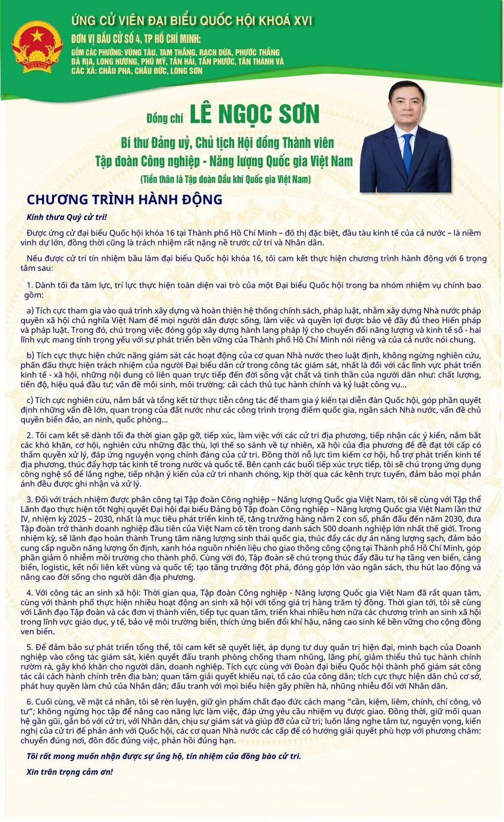 Chairman of the Member Council of Petrovietnam Le Ngoc Son runs for 16th National Assembly deputy in Electoral Unit No. 4, Ho Chi Minh City Chairman of the Member Council of Petrovietnam Le Ngoc Son runs for 16th National Assembly deputy in Electoral Unit No. 4, Ho Chi Minh City