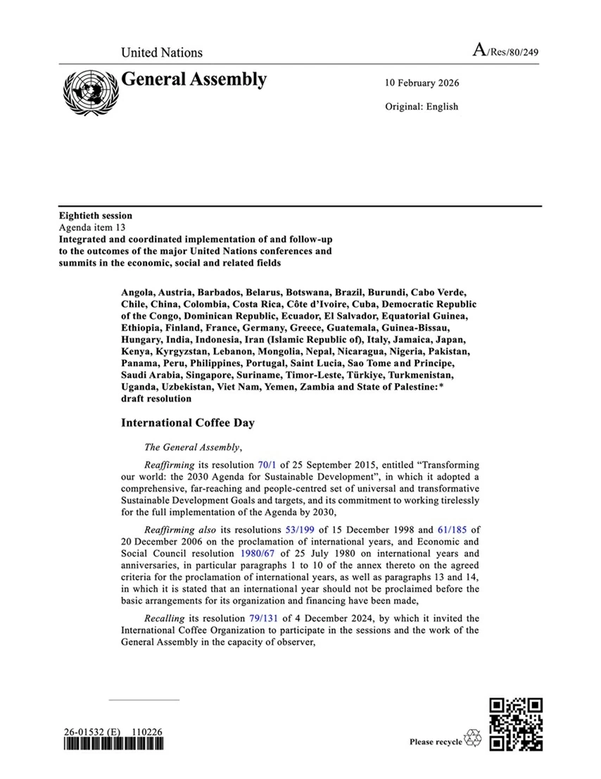 United Nations General Assembly adopts Resolution on designating International Coffee Day