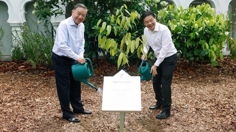 Vietnam's top leader, Singapore PM plant tree at Singapore Botanic Gardens