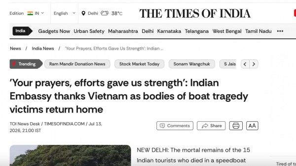 Indian Embassy: Prayers and support from Vietnam provide strength in times of grief