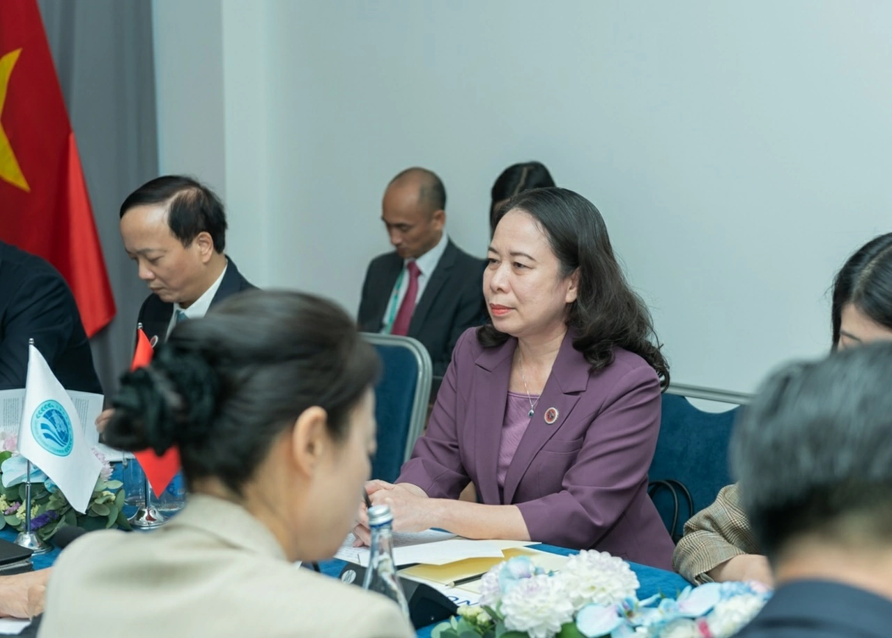 Phó Chủ tịch nước Võ Thị Ánh Xuân phát biểu tại buổi tiếp Tổng Thư ký Tổ chức Hợp tác Thượng Hải Nurlan Yermekbayev. (Ảnh: Bảo Chi)