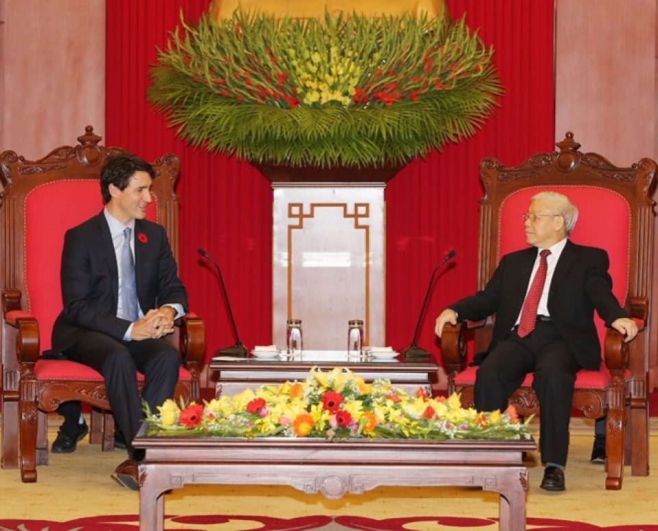 party leader nguyen phu trong welcomes canadian pm trudeau