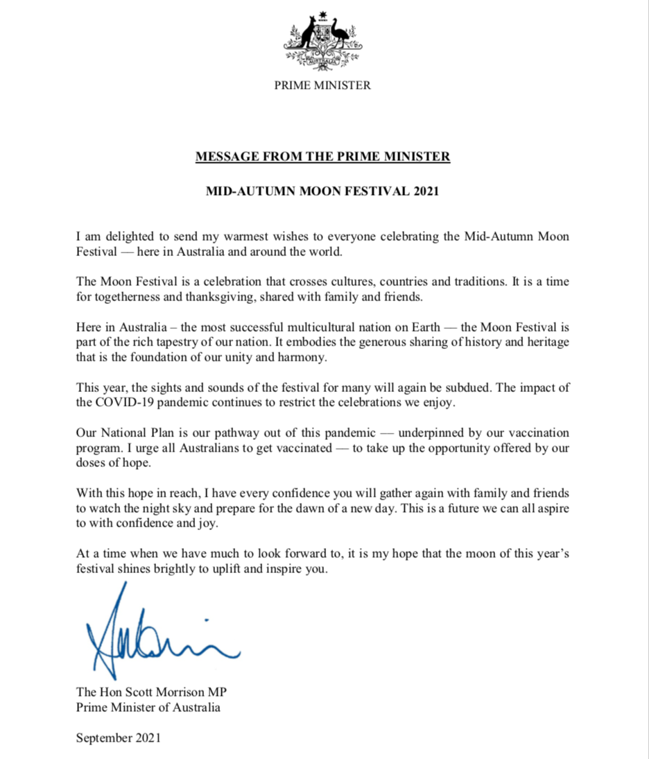 Australian Prime Minister Scott Morrison sent message to everyone celebrating the Mid-Autumn Moon Festival