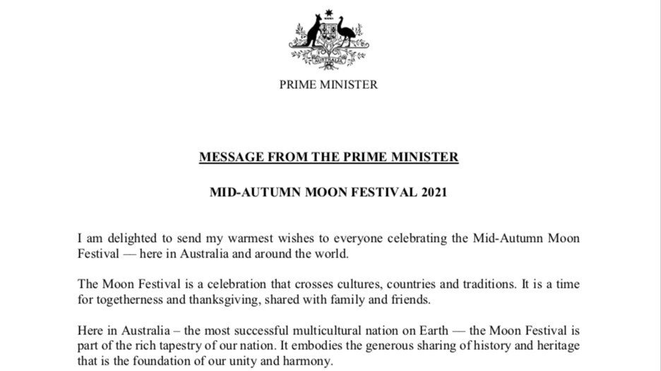 Australian Prime Minister Scott Morrison sent message to everyone celebrating Mid-Autumn Moon Festival