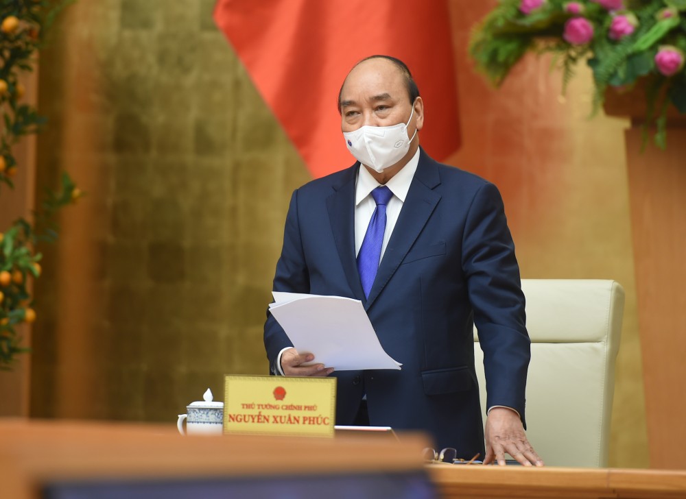 Thủ tướng Nguyễn Xuân Phúc phát biểu tại cuộc họp Thường trực Chính phủ với Ban Chỉ đạo quốc gia phòng chống Covid-19 chiều 15/2. (Nguồn: VGP)