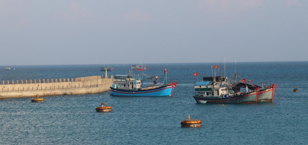 Âu tàu đảo Đá Tây A mỗi ngày có hàng chục lượt tàu thuyền của ngư dân vào neo đậu tránh trú gió và thực hiện các dịch vụ hậu cần nghề cá. (Nguồn:)TTXVN