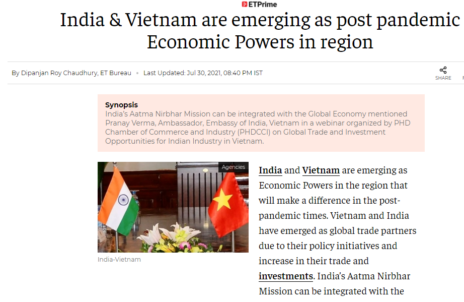 Báo Economic Times có bài viết ca ngợi Việt Nam đang nổi lên như cường quốc kinh tế trong khu vực. (Ảnh chụp màn hình)