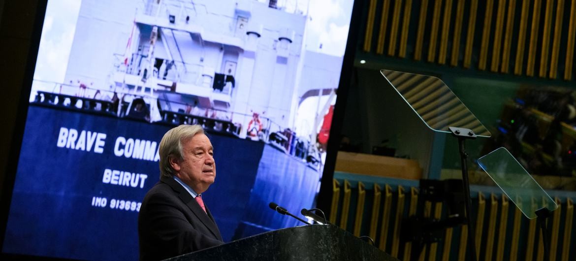 Tổng thư ký Liên hợp quốc António Guterres phát biểu tại phiên họp Đại hội đồng Liên hợp quốc Khóa 77. (Nguồn: UN)