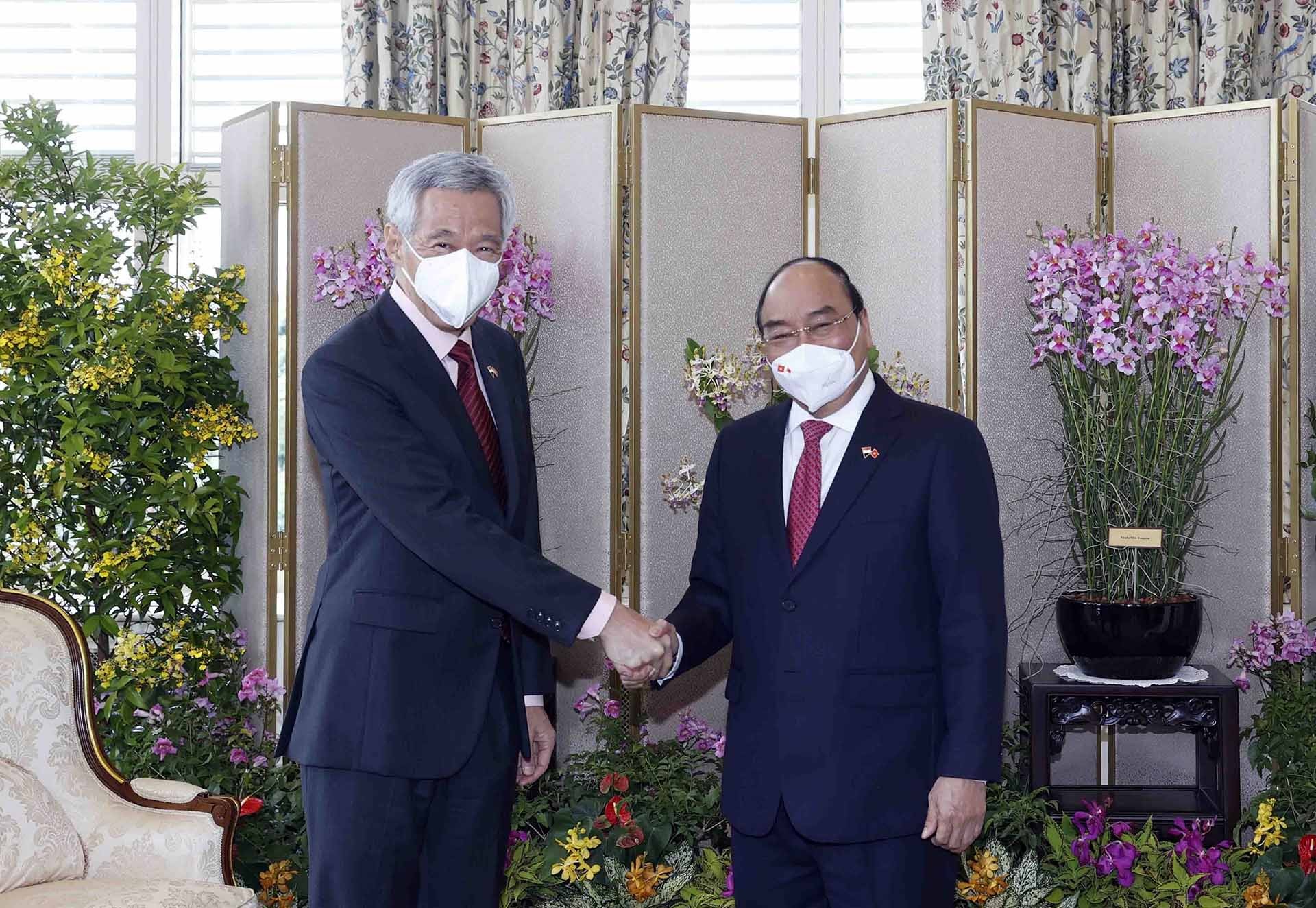 Chủ tịch nước Nguyễn Xuân Phúc và Thủ tướng Singapore Lý Hiển Long. (Nguồn: TTXVN)