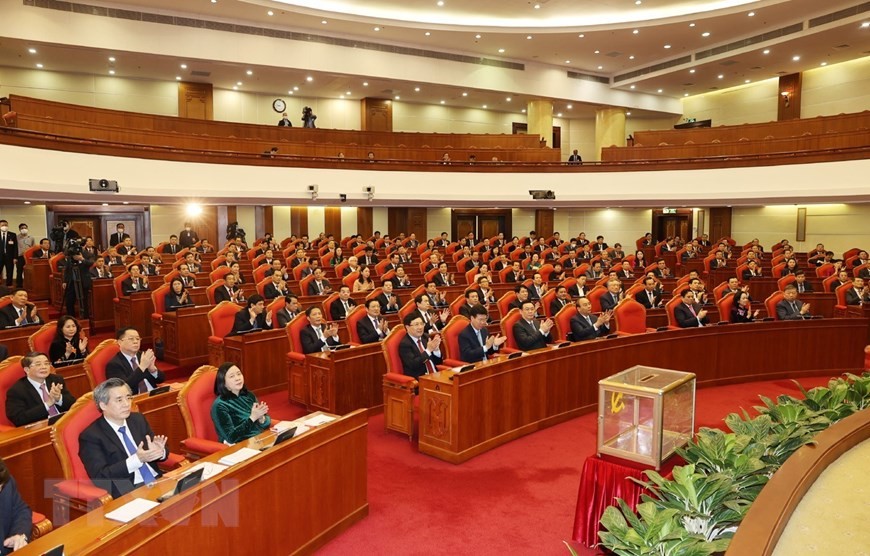 Các đồng chí lãnh đạo Đảng, Nhà nước và các đại biểu dự phiên bế mạc Hội nghị. (Ảnh: Trí Dũng/TTXVN)