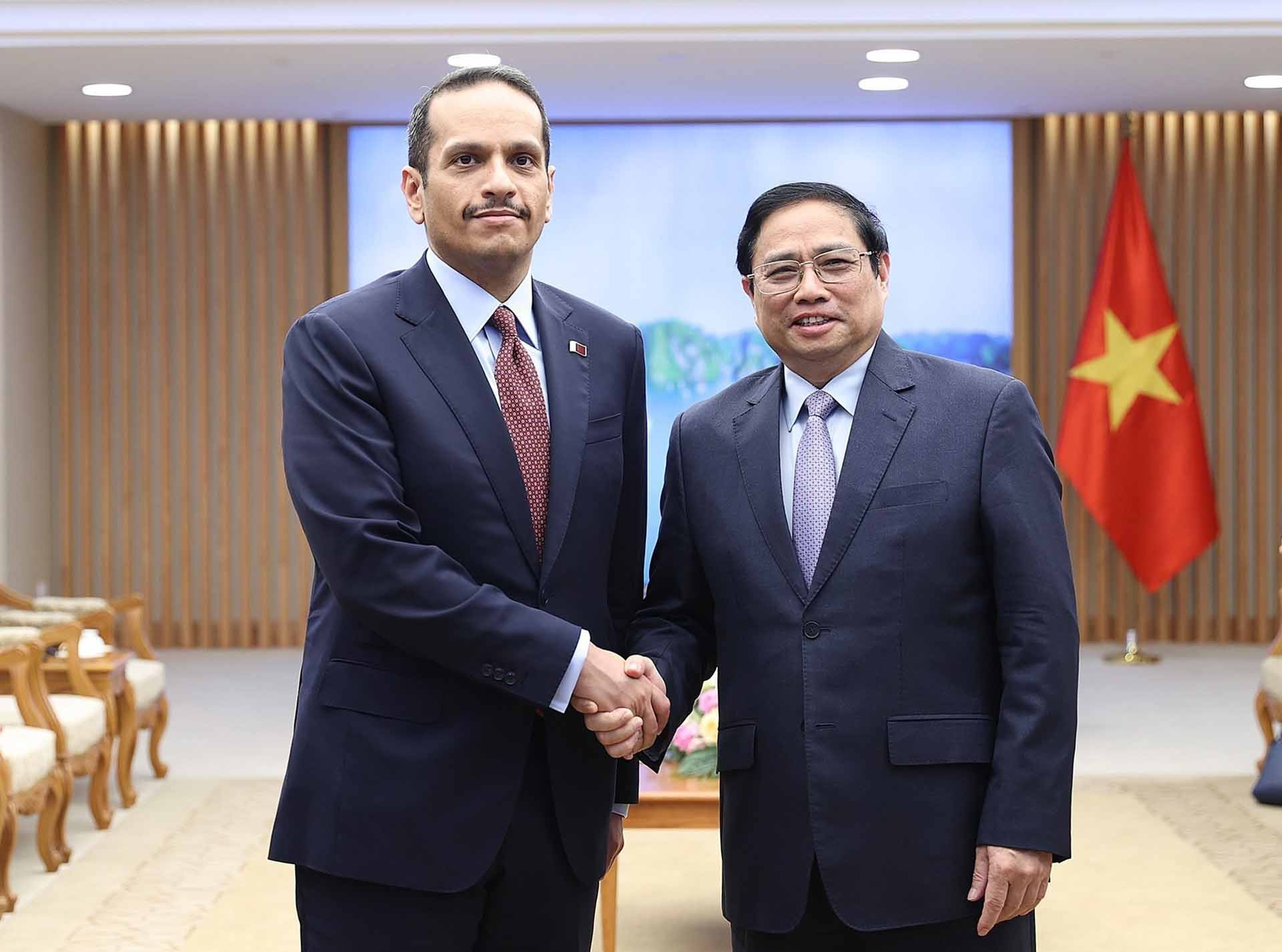 Thủ tướng Phạm Minh Chính tiếp Phó Thủ tướng, Bộ trưởng Ngoại giao Qatar Sheikh Mohammed bin Abdulrahman Al-Thani. (Nguồn: TTXVN)
