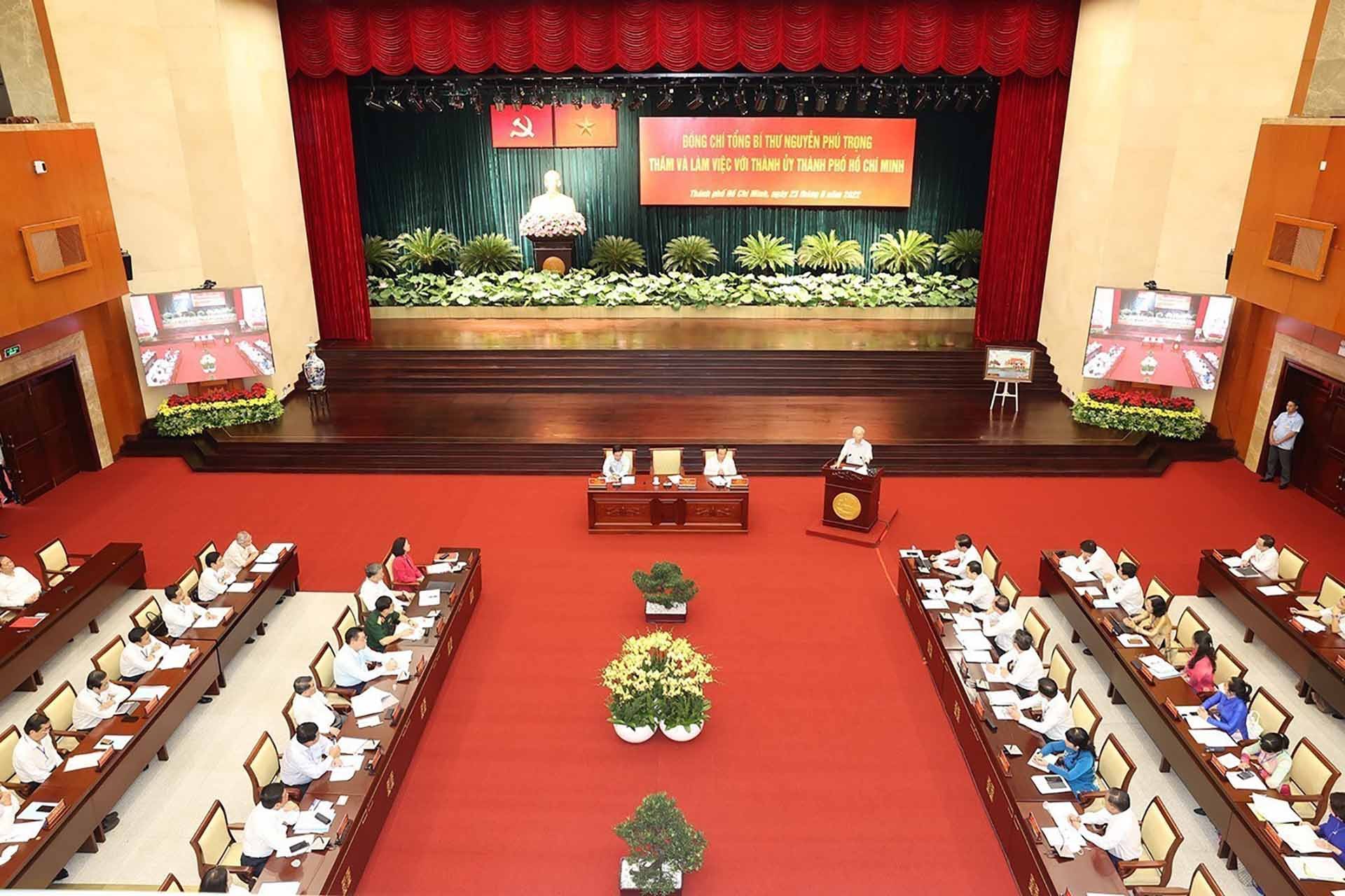 Toàn cảnh Tổng Bí thư Nguyễn Phú Trọng phát biểu kết luận tại buổi làm việc. (Nguồn: TTXVN)
