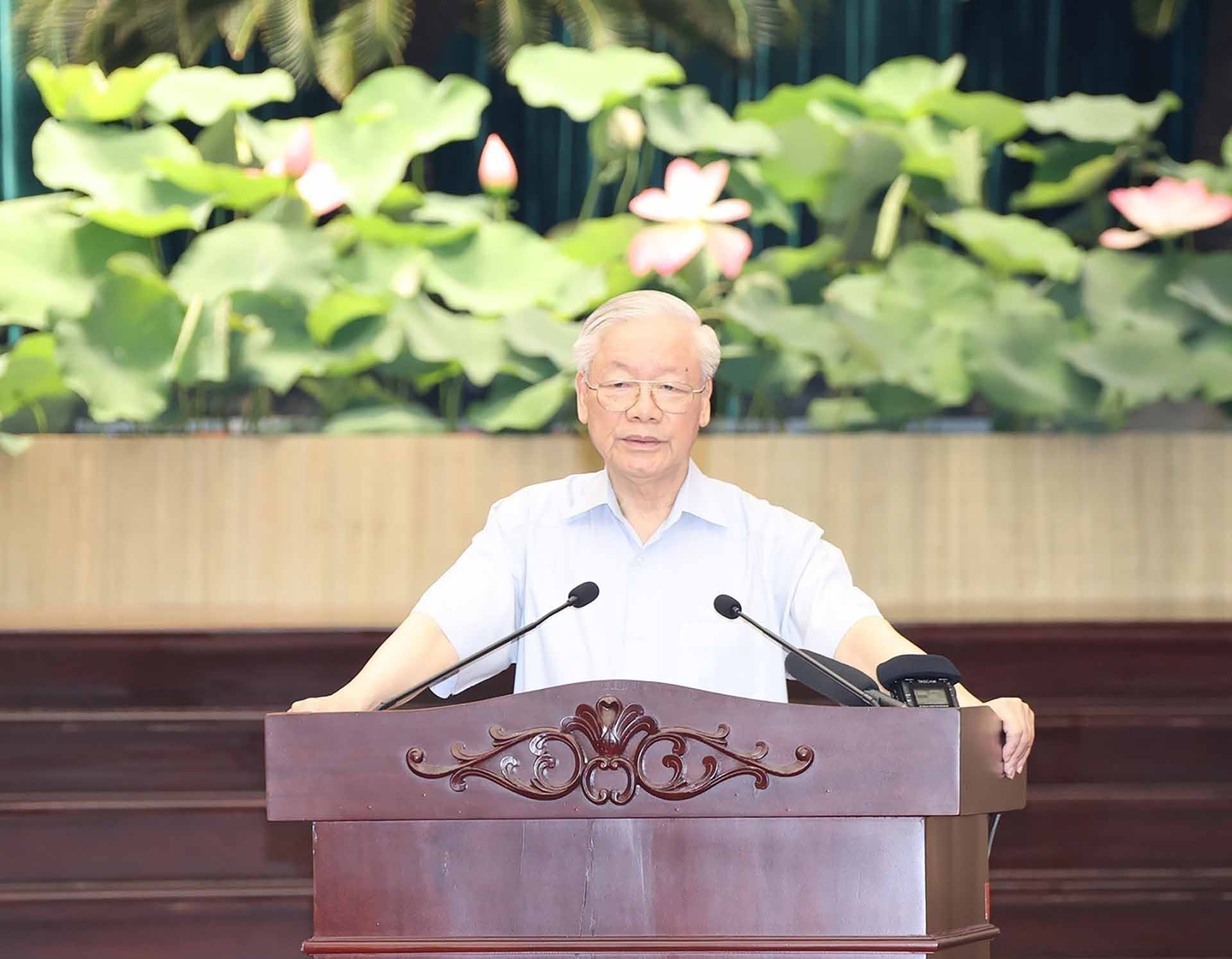 Tổng Bí thư Nguyễn Phú Trọng phát biểu kết luận tại buổi làm việc. (Nguồn: TTXVN)