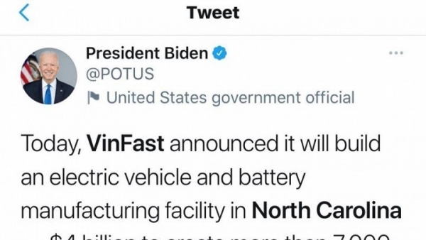 President Biden welcomes VinFast facility project in North Carolina