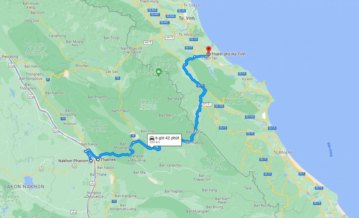 The distance from Nakhon Phanom to Ha Tinh is approximately 300 kilometres. (Photo: Google Maps)