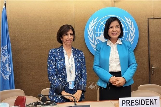 Teresa Moreira (L), head of the UNCTAD's Competition and Consumer Policies Branch, and Ambassador Le Thi Tuyet Mai (R), Permanent Representative of Vietnam to the UN, the World Trade Organisation (WTO) and other international organisations in Geneva. (Photo: VNA)