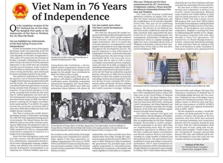 Ambassador Phan Chi Thanh’s writing featured on Thai printed newspaper