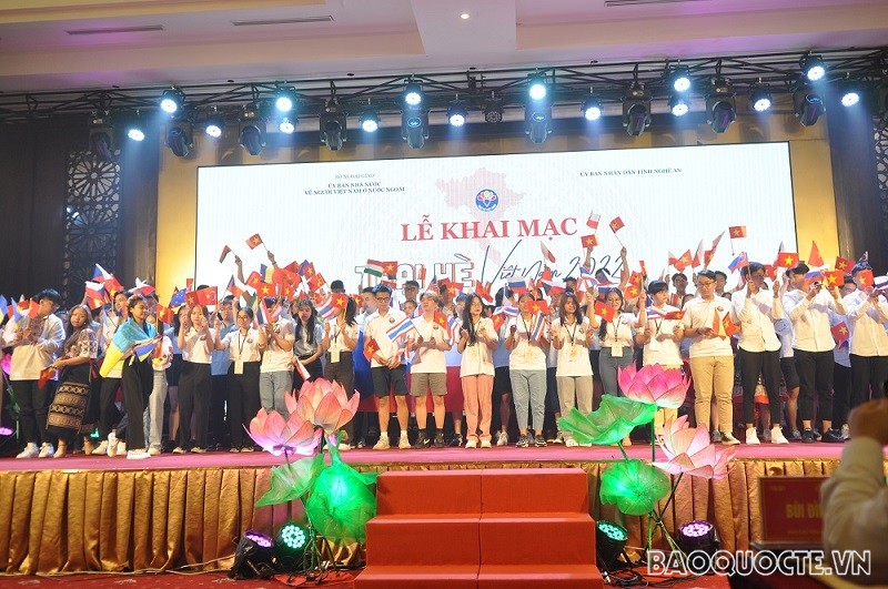 (07.22) Các thanh niên, sinh viên kiều bào ra mắt trong buổi lễ khai mạc Trại hè Việt Nam 2022. (Ảnh: Minh Quân)