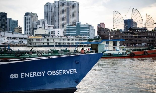 Energy Observer – the world’s first hydrogen-powered, zero-emission vessel – sails on Sai Gon River. (Photo: Toyota)