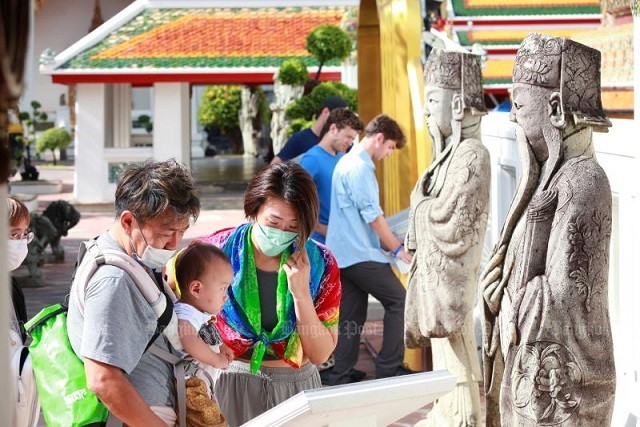 South Korean couple read temple instructions and etiquette at Wat Pho  Buddhist temple complex.