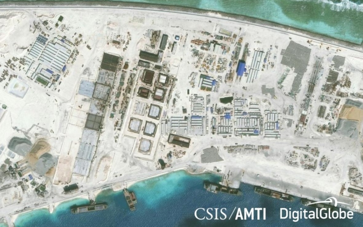 China occupied the Mischief Reef in 1994 and has since illegally built major structures on it. (Photo: CSIS/AMTI)