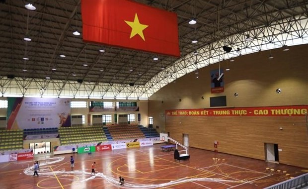 The level of ceiling lights at the Thanh Tri Gymnasium are raised to 1,200 lux as required by the SEA Games 31's basketball matches. (Photo: VNA)