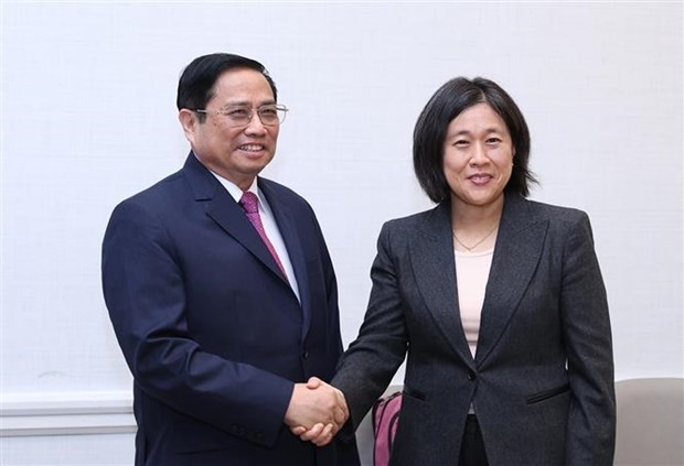 Prime Minister Pham Minh Chinh meets US Trade Representative Katherine Tai in Washington D.C on May 12 morning (local time) as part of his trip to the US. (Photo: VNA)