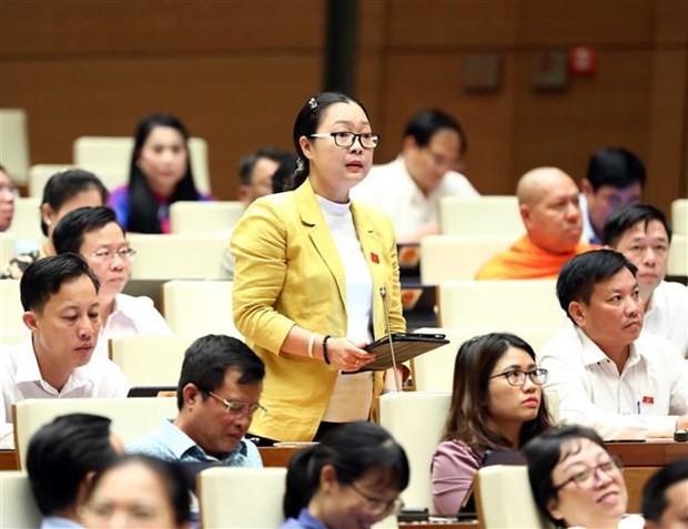Third working day of 15th National Assembly's third session. Representative of Vinh Long province Nguyen Thi Quyen addresses the session. (Photo: VNA)