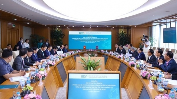 Lao official works with leaders of BIDV, EVN