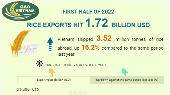 Rice exports hit 1.72 billion USD in H1 2022