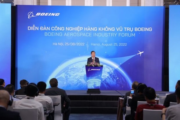 Micheal Nguyen, country director Boeing Vietnam addresses the Boeing Aerospace Industry Forum held in August 25 in Hanoi. (Photo coutersy of the company)