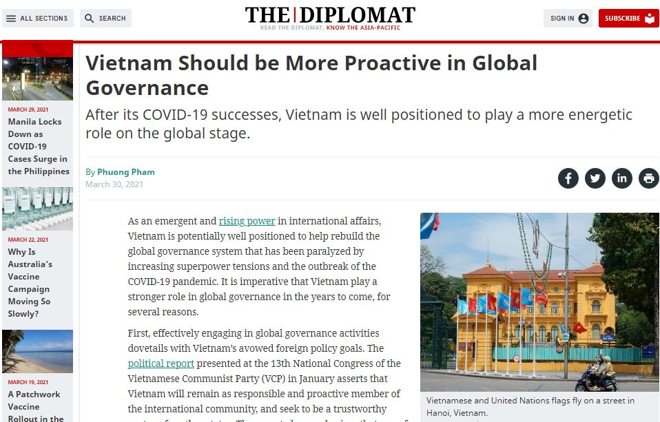 Viet Nam well-positioned to play more energetic role on global stage: The Diplomat