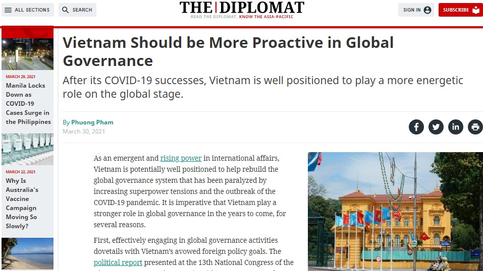 Viet Nam well-positioned to play more energetic role on global stage: The Diplomat