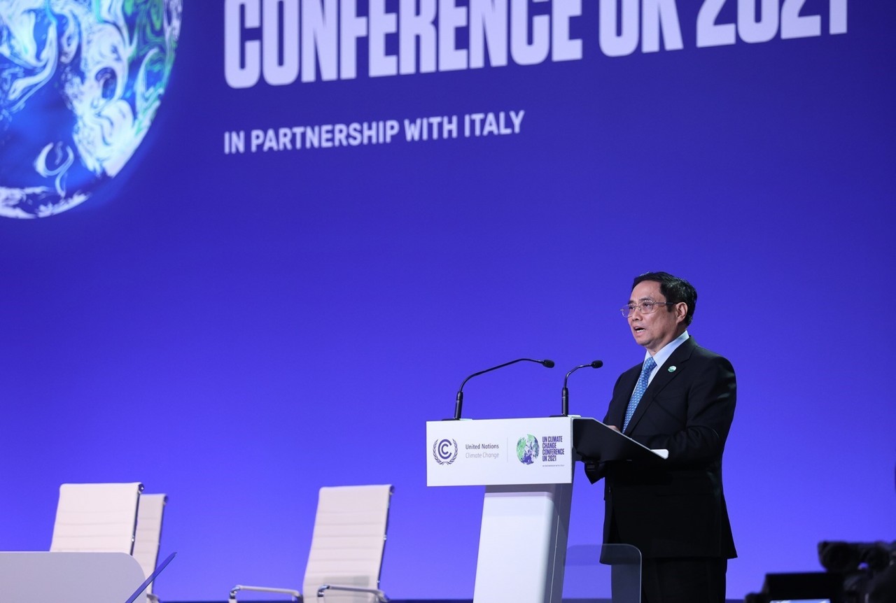 Thủ tướng Phạm Minh Chính phát biểu tại Hội nghị Thượng đỉnh khí hậu trong khuôn khổ Hội nghị COP26. (Nguồn: TTXVN)