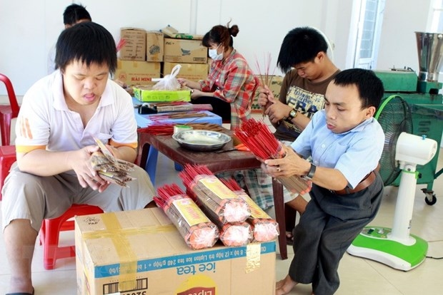Các nạn nhân chất độc da cam/dioxin học nghề tại cơ sở nuôi dưỡng quận Thanh Khê, Đà Nẵng (2015). (Nguồn: Dương Ngọc/TTXVN)